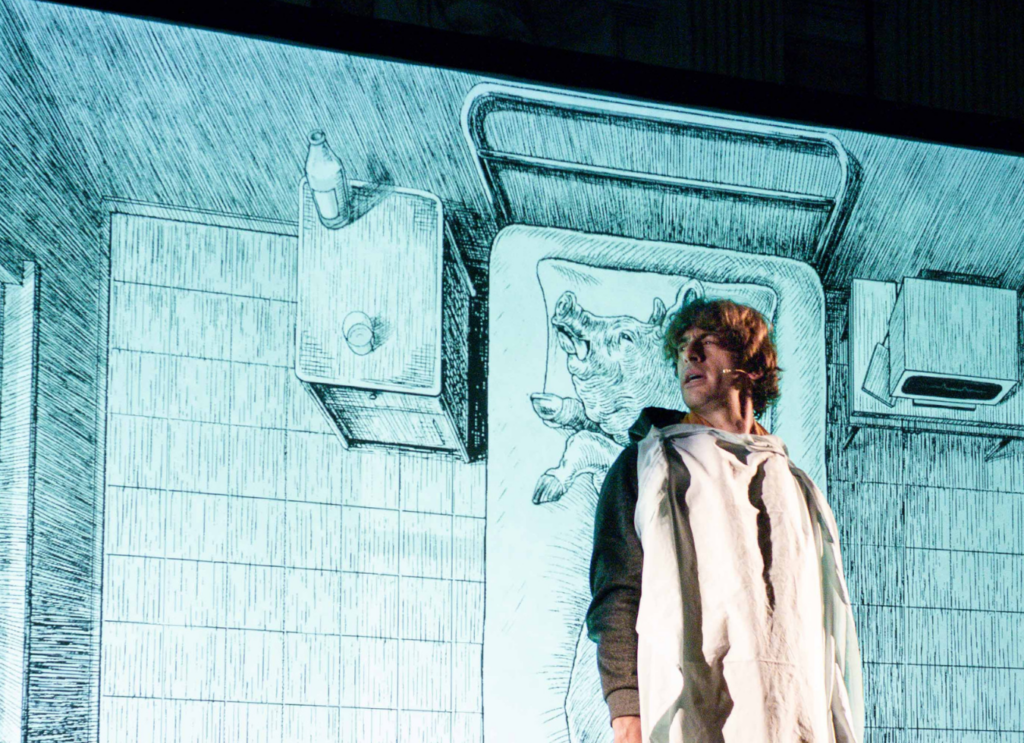 L'immagine mostra il protagonista Matteo Belardinelli, in scena, di fronte a una delle videoproiezioni in bianco e nero che riporta l'immagine di un maiale dentro a un letto.